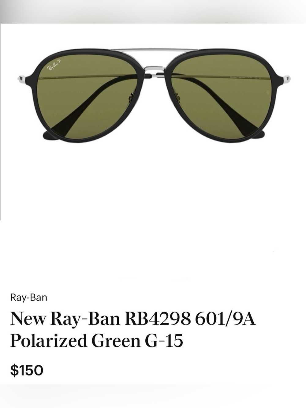 Ray-Ban Aviator Sunglasses with Green Lenses and Black Frame $95 NEW - Picture 8 of 8